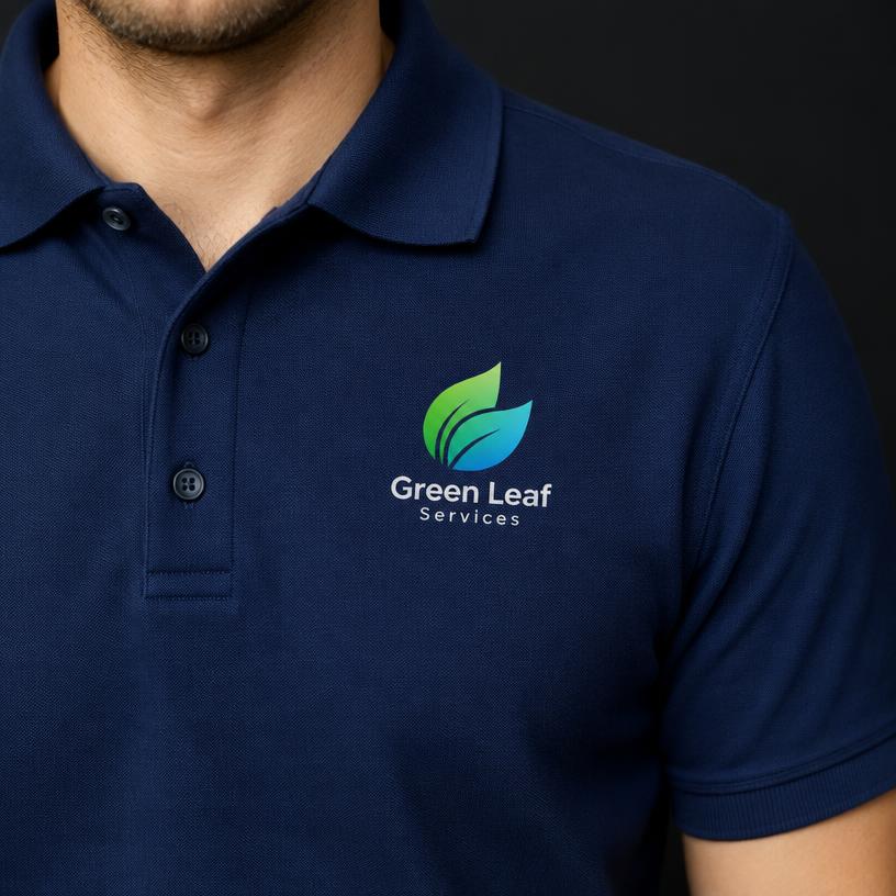 Marineblauwe polo met meerkleurig logo op de linkerborst