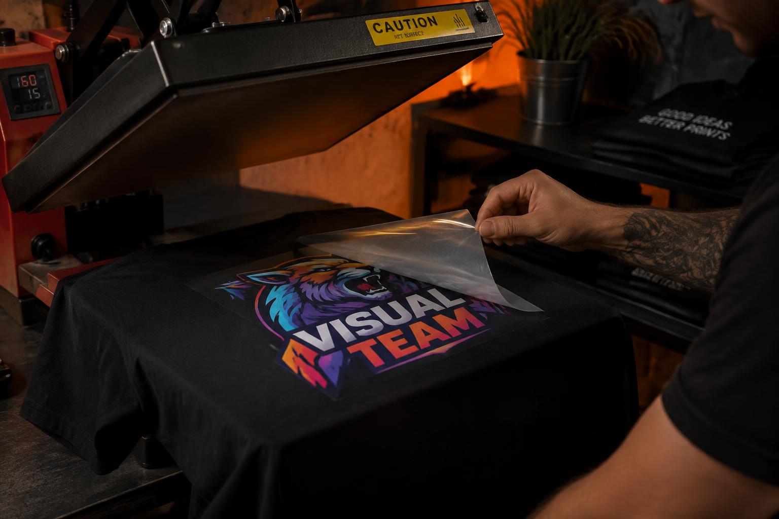 Transferfolie wordt van een vers bedrukt T-shirt getrokken na het persen