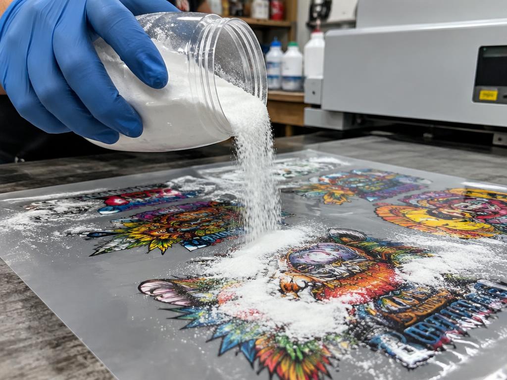 Hotmeltpoeder wordt op geprinte DTF-transferfolie gestrooid
