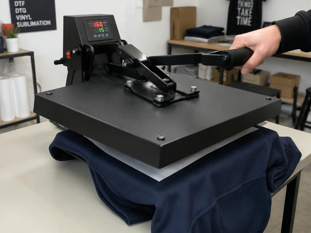 Hittepers die een DTF-transfer op een hoodie aanbrengt