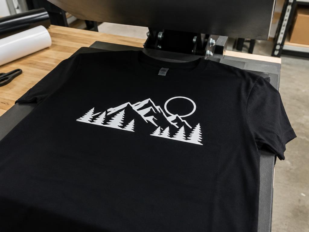 Wit flexfolie-ontwerp gepositioneerd op een zwart T-shirt onder de hittepers