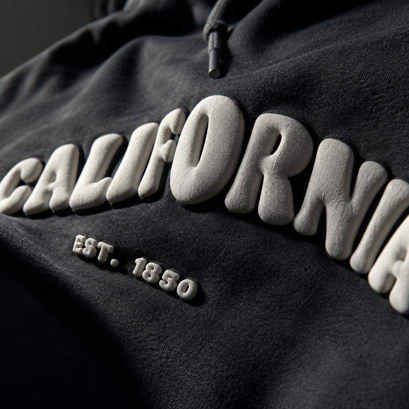 Opgezwollen 3D-puffprint op een donkere hoodie